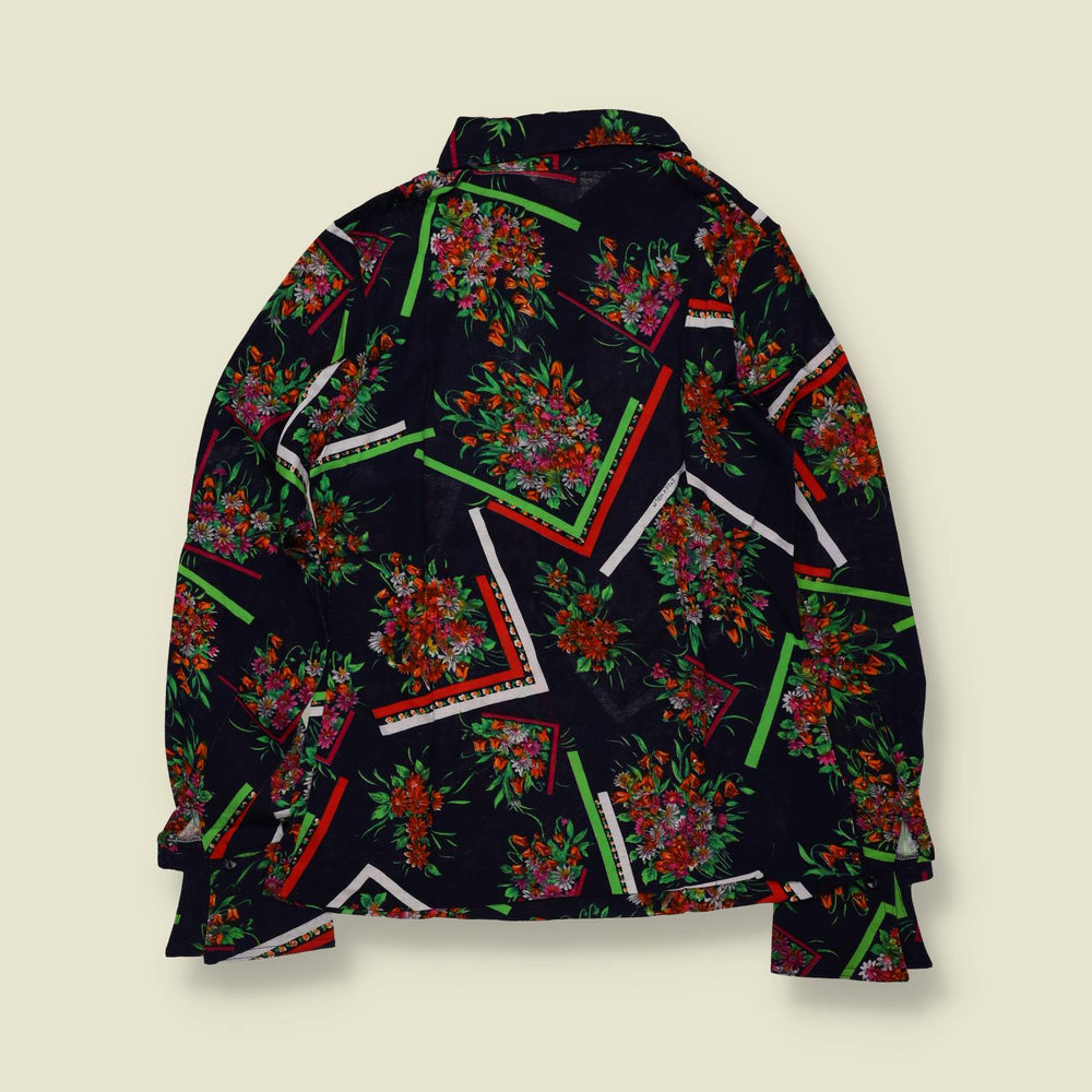 1970s | TGL Sweden | Navy Floral & Geometric Print Cotton Blouse - Deadstock - 10