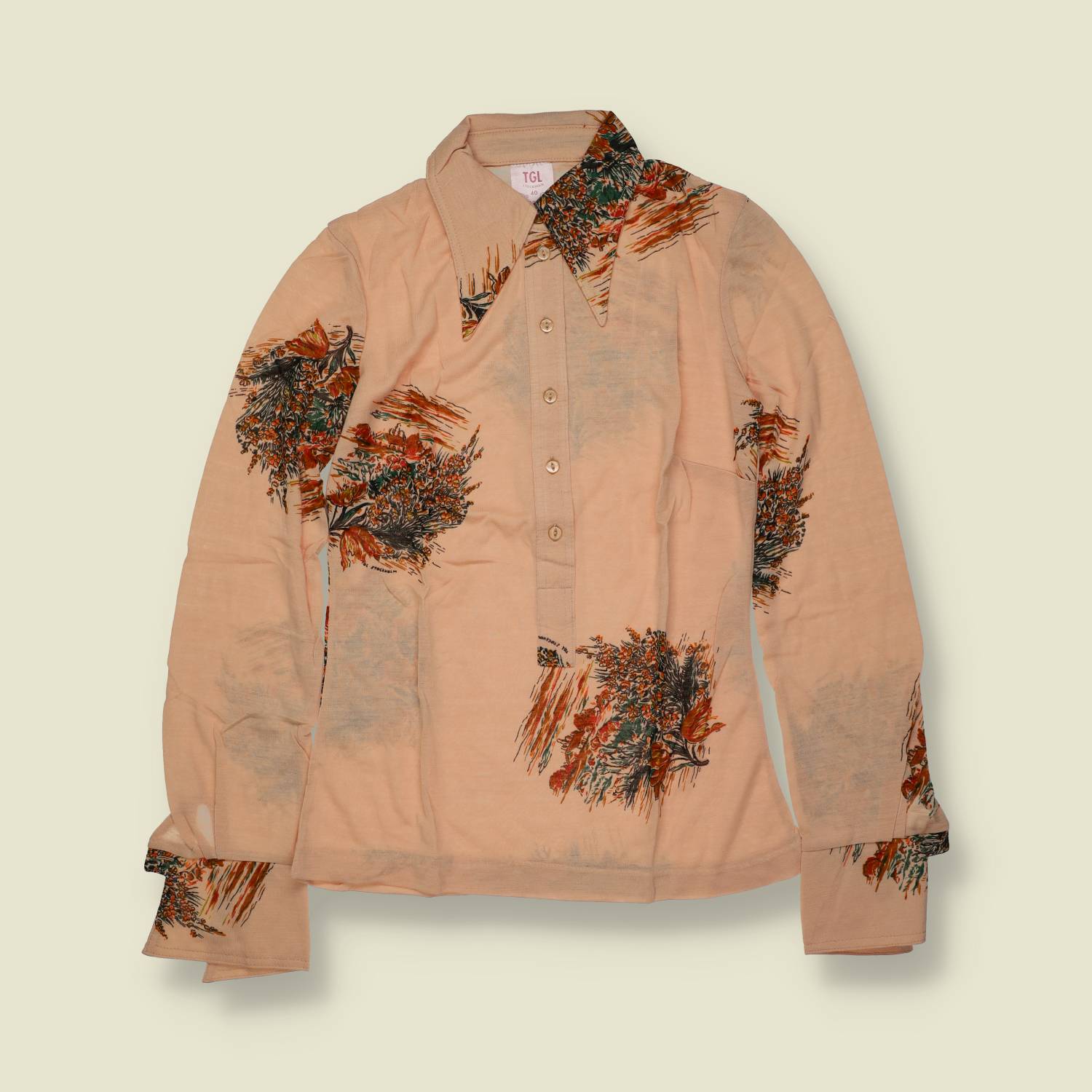 1970s | TGL Sweden | Peach Botanical Print Acrylon Blouse - Deadstock - 8