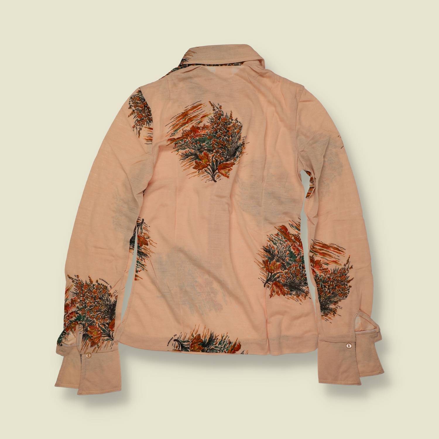 1970s | TGL Sweden | Peach Botanical Print Acrylon Blouse - Deadstock - 8