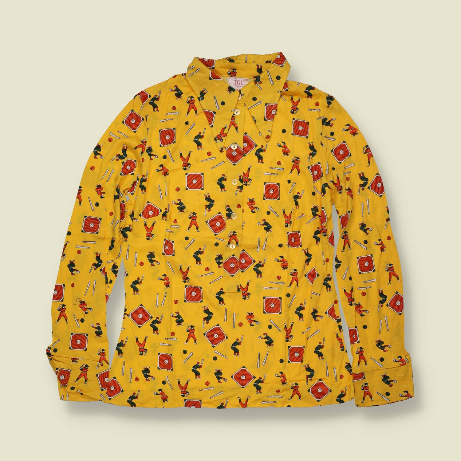 1970s | TGL Sweden | Yellow Baseball Novelty Print Vincel & Cotton Blouse - Deadstock - 10