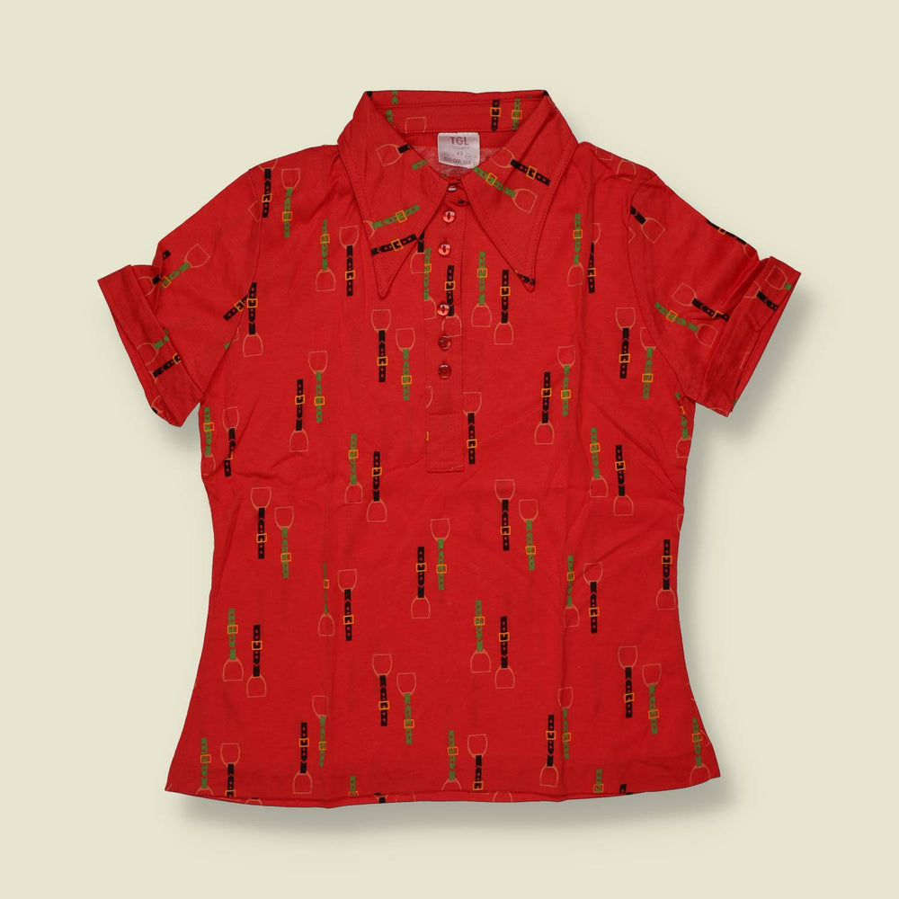 1970s | TGL Sweden | Red Equestrian Print Vincel & Cotton Short Sleeve Blouse - Deadstock - 10