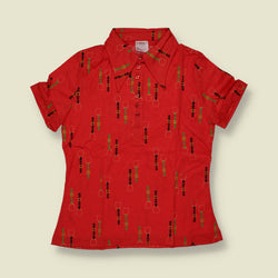 1970s | TGL Sweden | Red Equestrian Print Vincel & Cotton Short Sleeve Blouse - Deadstock - 10