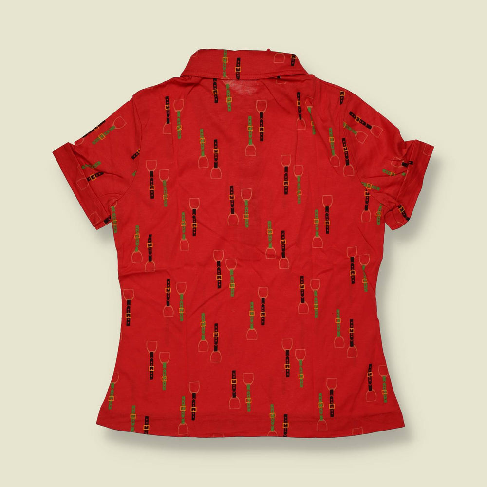 1970s | TGL Sweden | Red Equestrian Print Vincel & Cotton Short Sleeve Blouse - Deadstock - 10