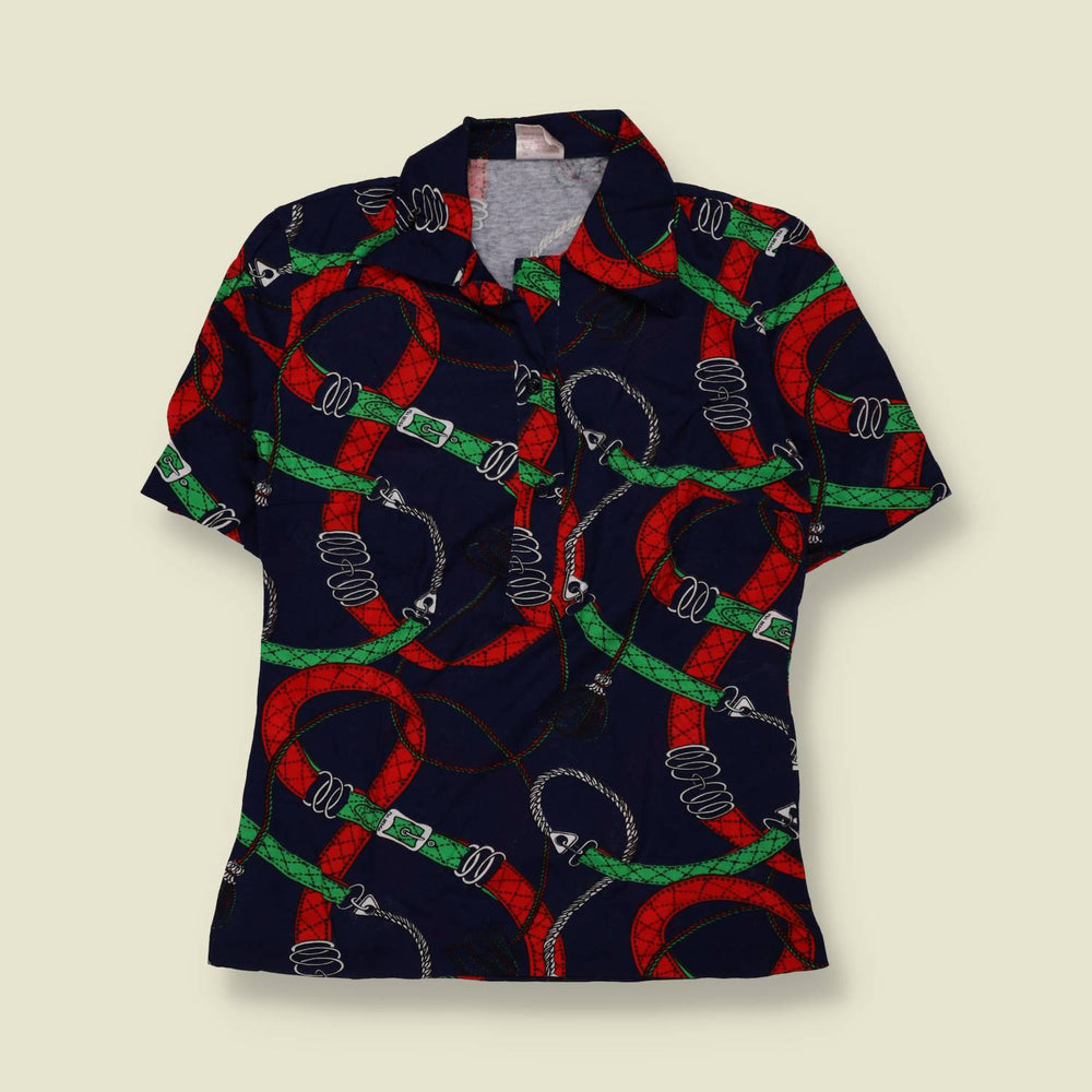 1970s | TGL Sweden | Navy Equestrian Bridle Print Cotton Blouse - Deadstock - 8