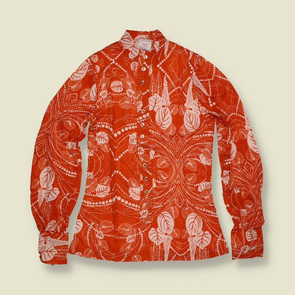 1970s | TGL Sweden | Orange Botanical & Geometric Print Poly Cotton Blouse - Deadstock - 6