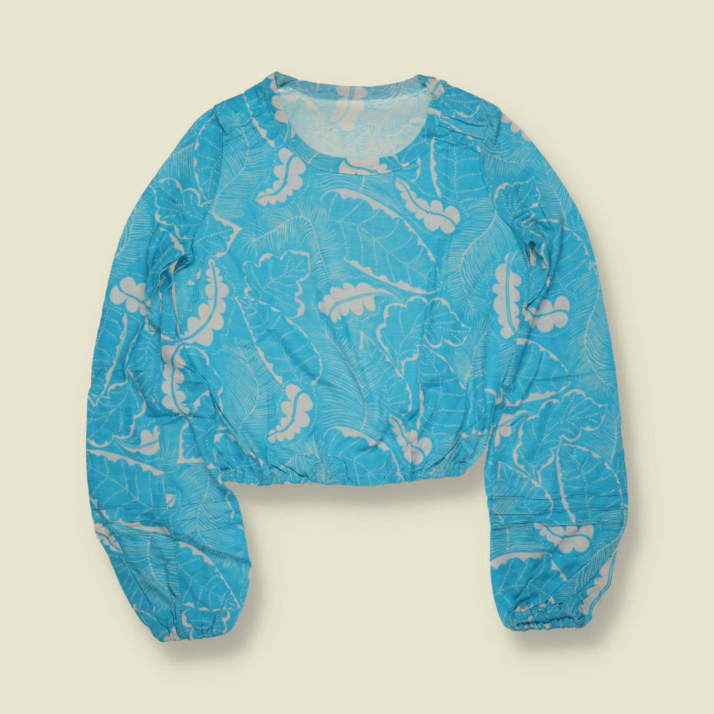 1970s | Blue Tropical Leaf Print Cropped Blouse - 10