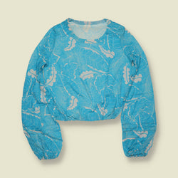 1970s | Blue Tropical Leaf Print Cropped Blouse - 10