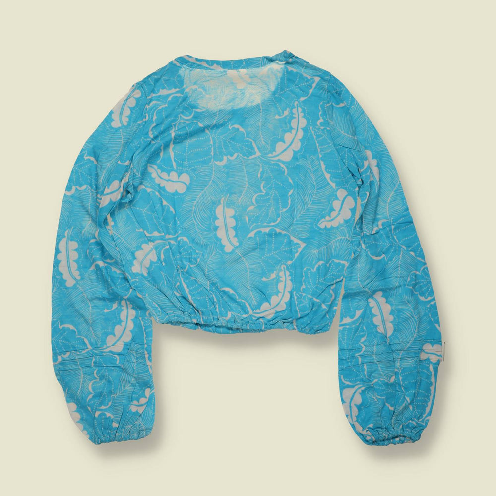 1970s | Blue Tropical Leaf Print Cropped Blouse - 10