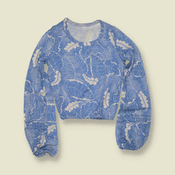 1970s | Cornflower Blue Tropical Leaf Print Cropped Blouse - 6