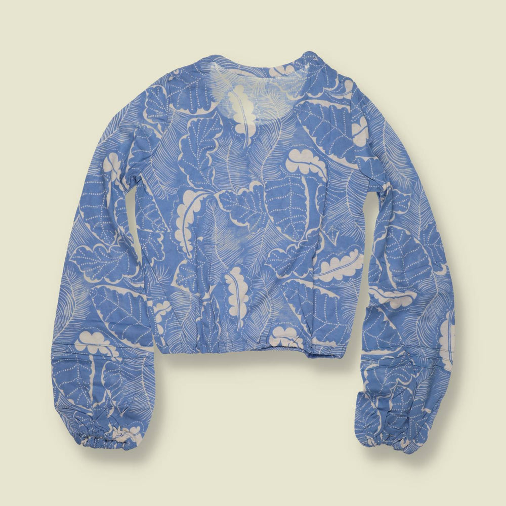 1970s | Cornflower Blue Tropical Leaf Print Cropped Blouse - 6
