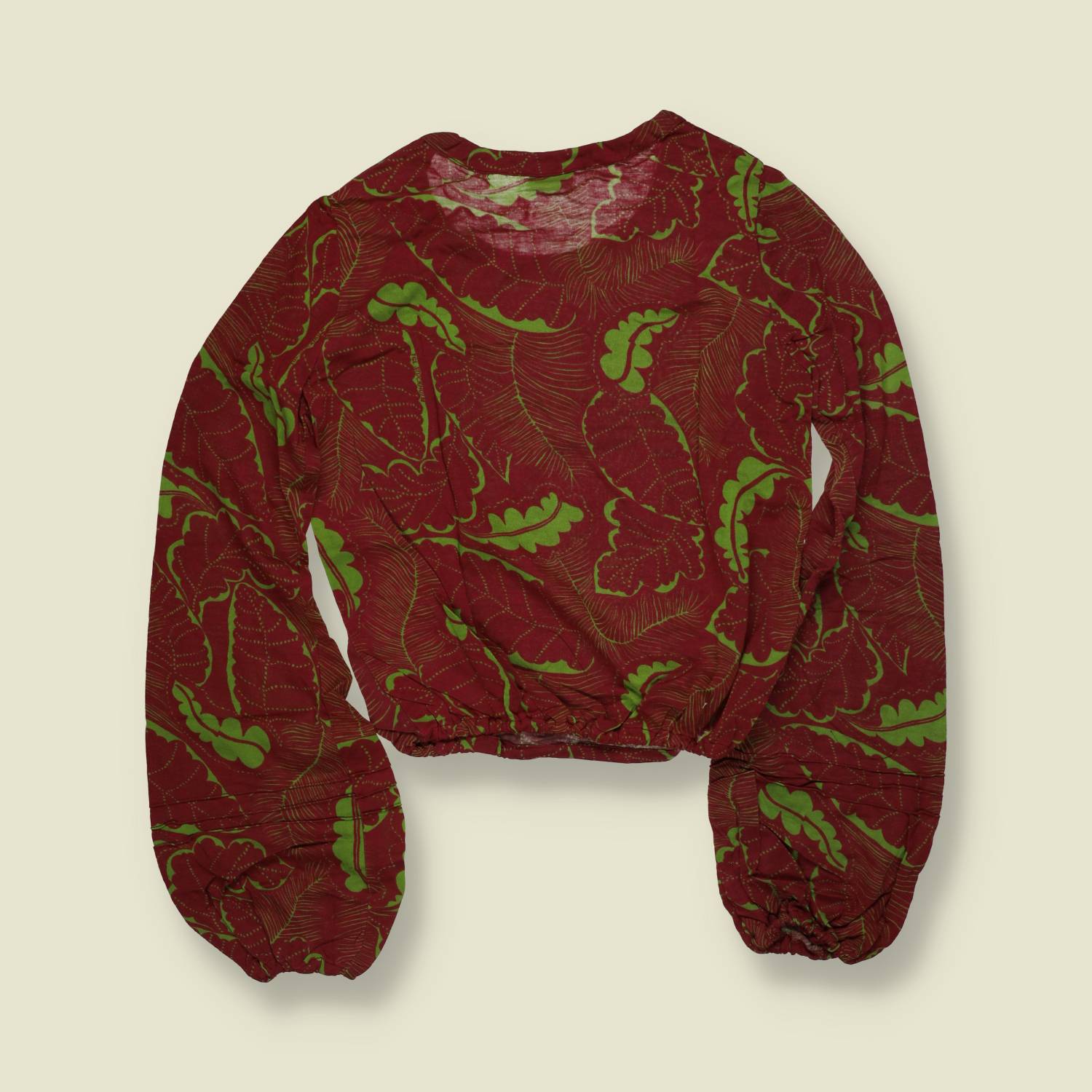 1970s | TGL Sweden | Burgundy & Green Tropical Leaf Print Cotton Blend Cropped Blouse - 10
