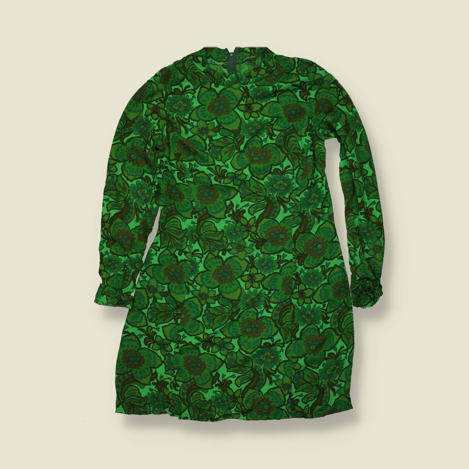 1970s | Green Floral Print Cotton Blend Mini Dress - 10