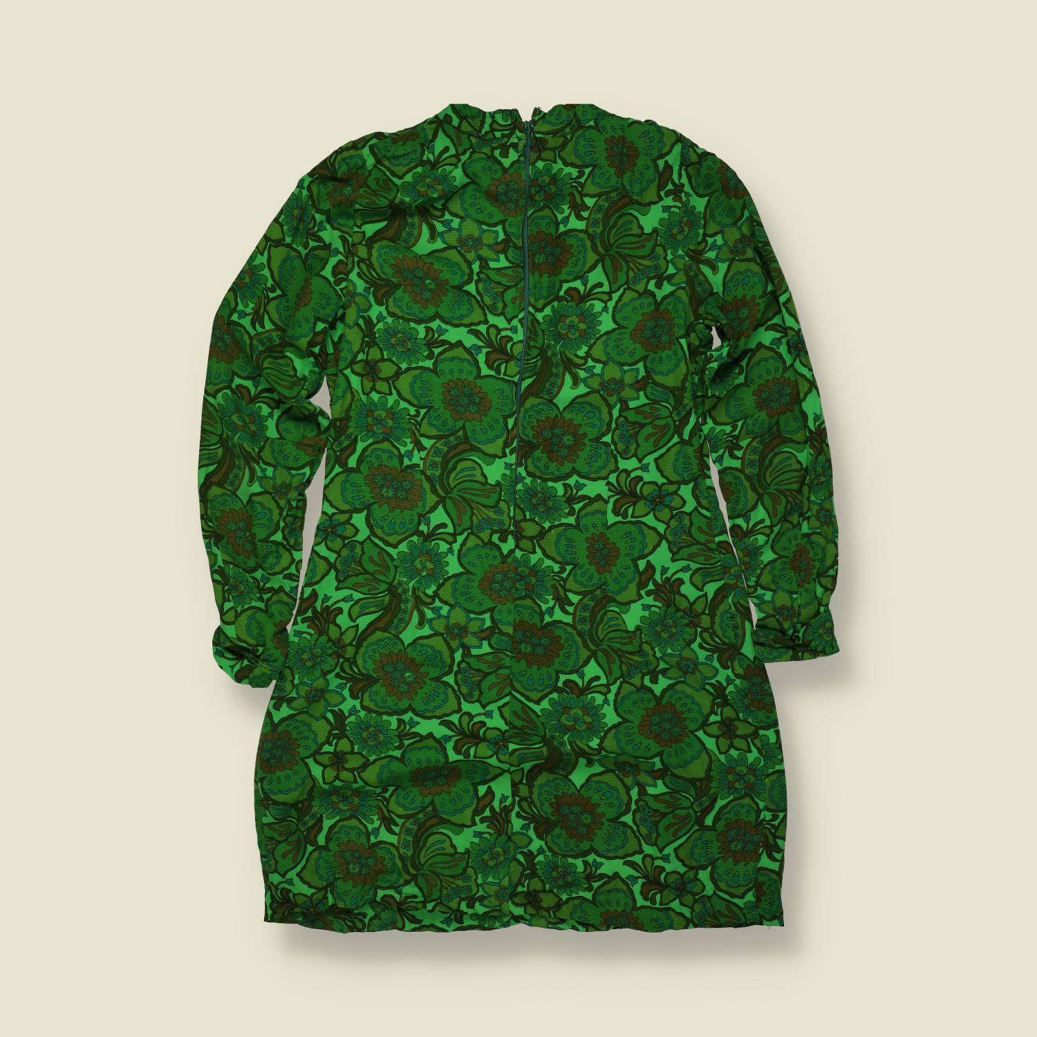 1970s | Green Floral Print Cotton Blend Mini Dress - 10