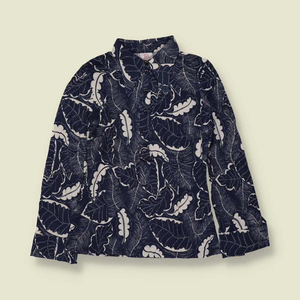 1970s | TGL | Navy Tropical Leaf Print Deadstock Blouse - 8