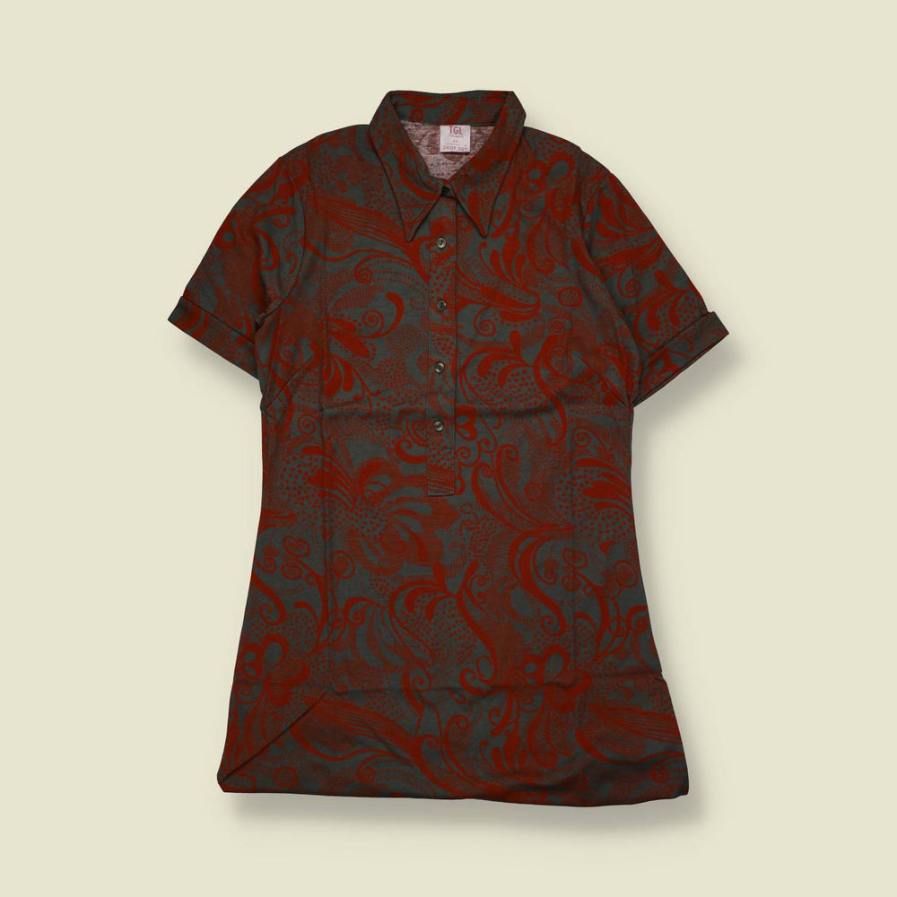 1970s | TGL Sweden | Red & Olive Botanical & Marine Print Cotton Shirt Dress - Deadstock - 10