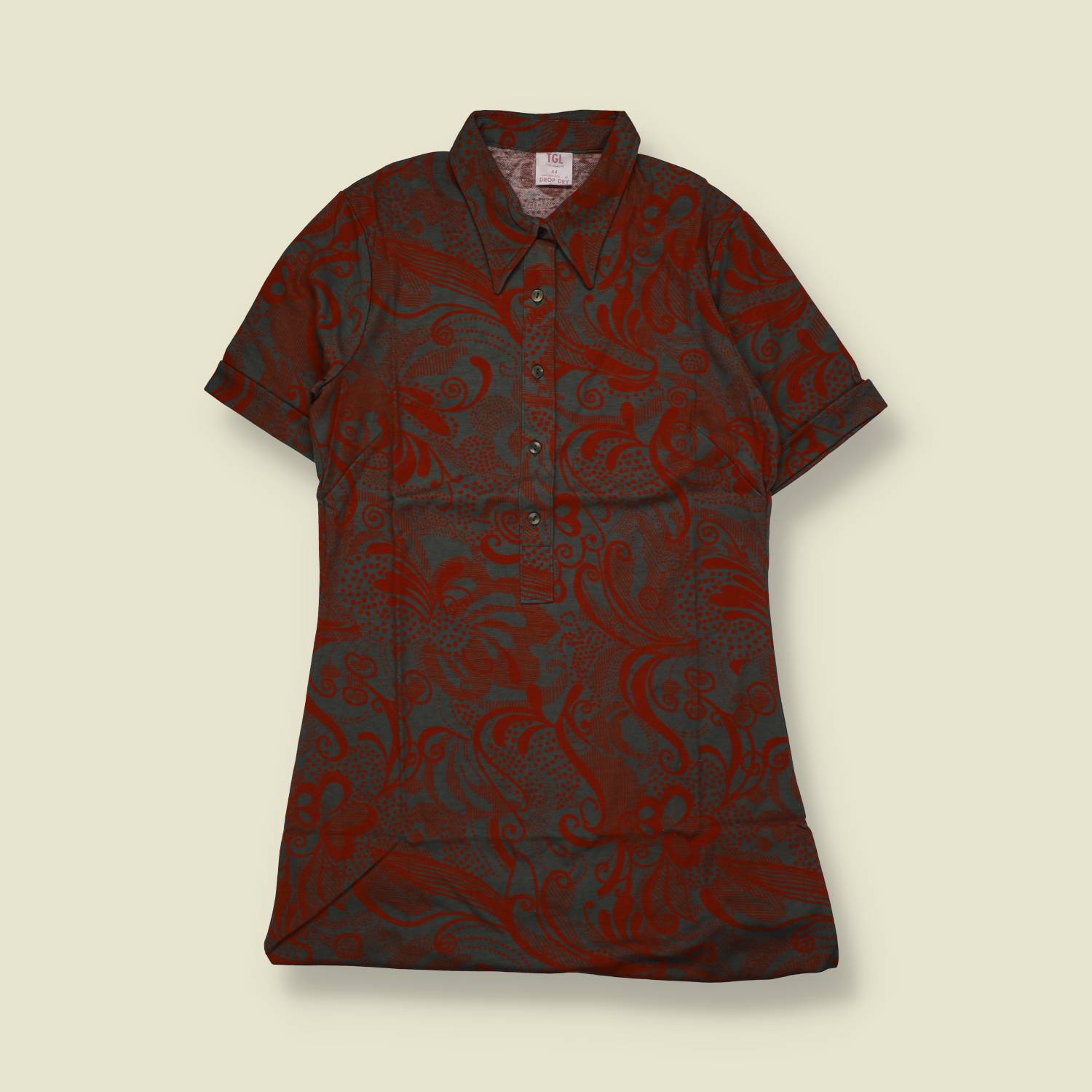 1970s | TGL Sweden | Red & Olive Botanical & Marine Print Cotton Shirt Dress - Deadstock - 10
