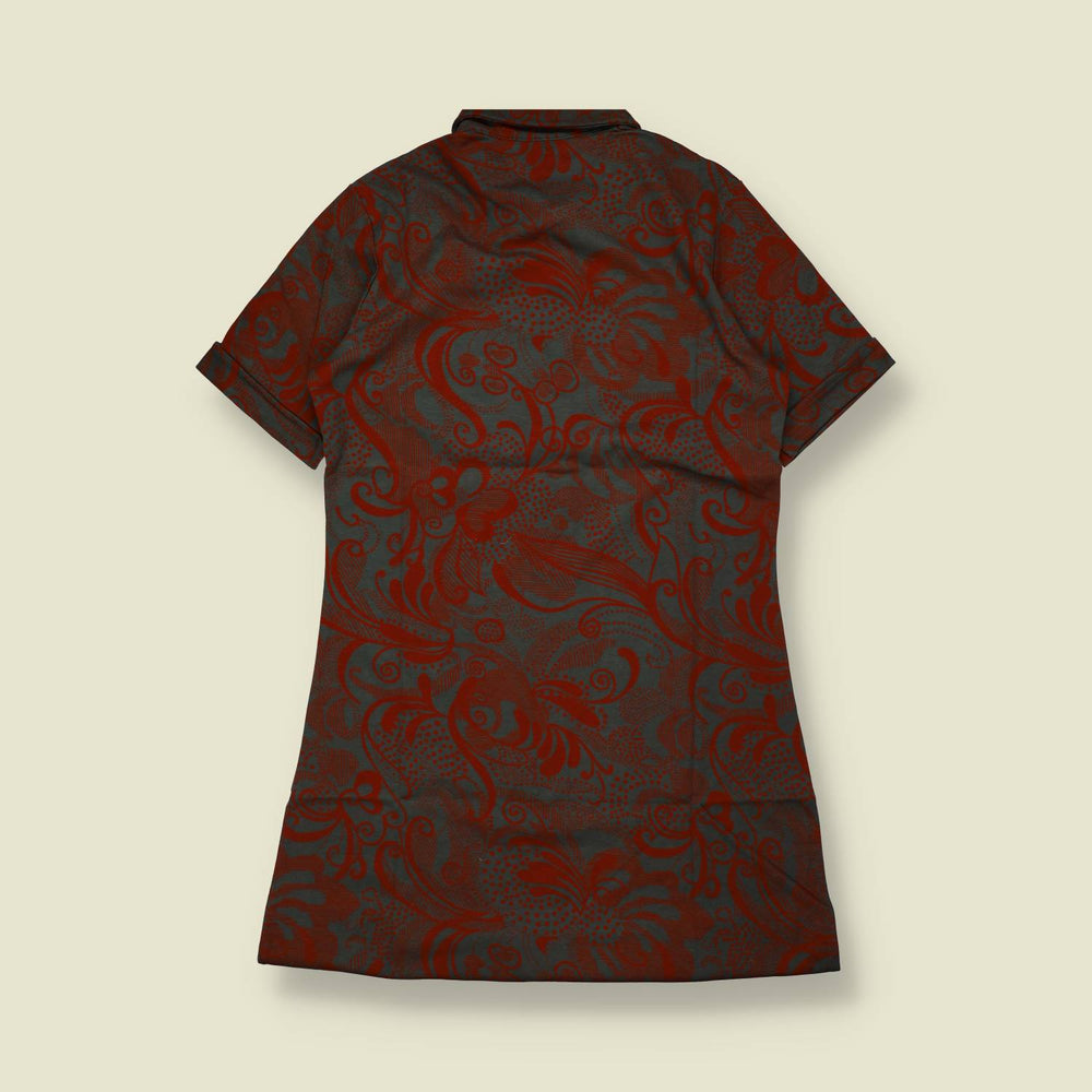 1970s | TGL Sweden | Red & Olive Botanical & Marine Print Cotton Shirt Dress - Deadstock - 10