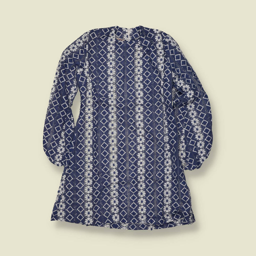 1970s | TGL Sweden | Navy & White Geometric Stripe Print Poly Blend Dress -10