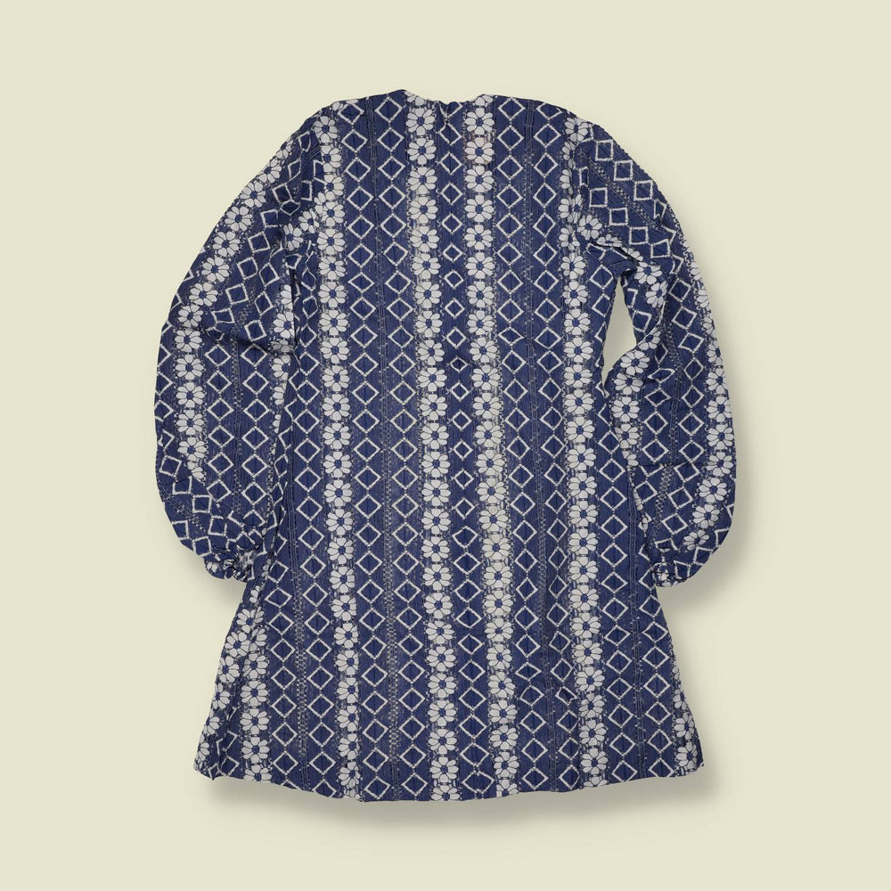 1970s | TGL Sweden | Navy & White Geometric Stripe Print Poly Blend Dress -10