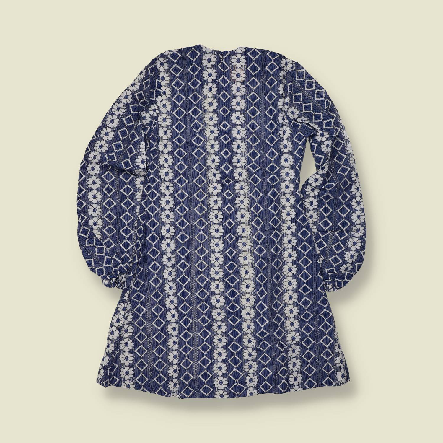 1970s | TGL Sweden | Navy & White Geometric Stripe Print Poly Blend Dress -10