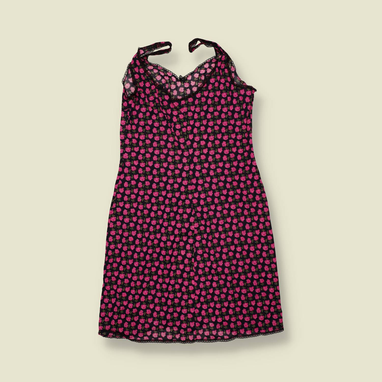 1970s | Black & Pink Rose Print Rayon Blend Slip Dress - 4