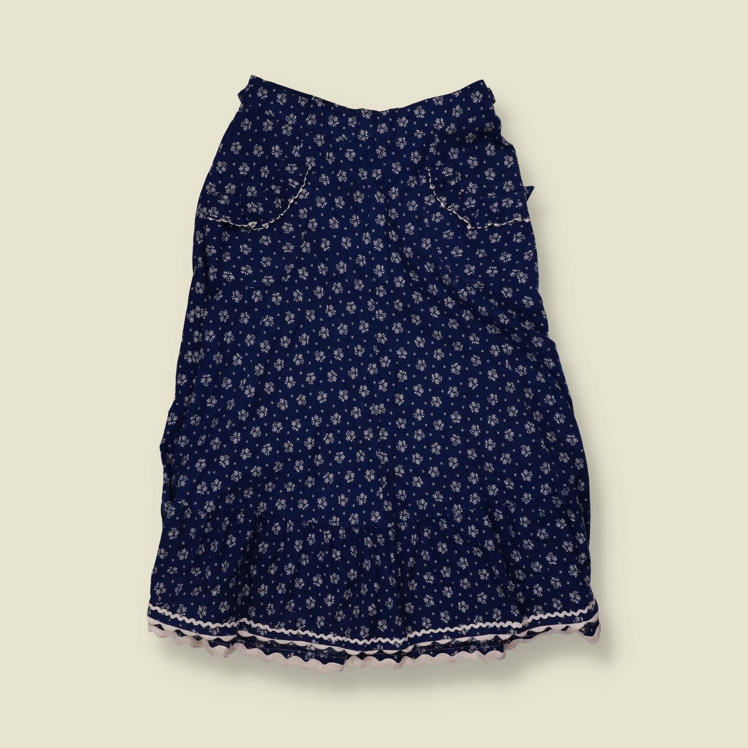 1970s | Navy Floral Print Cotton Blend Folk Prairie Skirt - w26