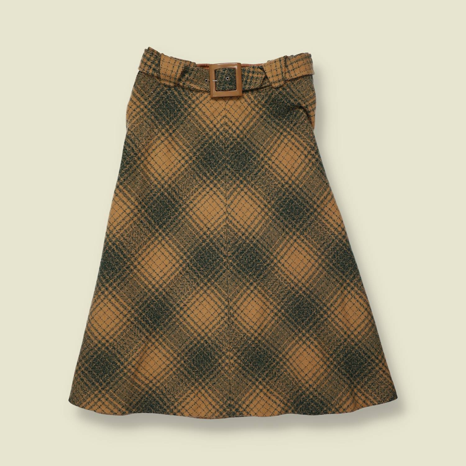 1970s | Camel & Green Plaid Wool Blend Belted A-Line Skirt - w28