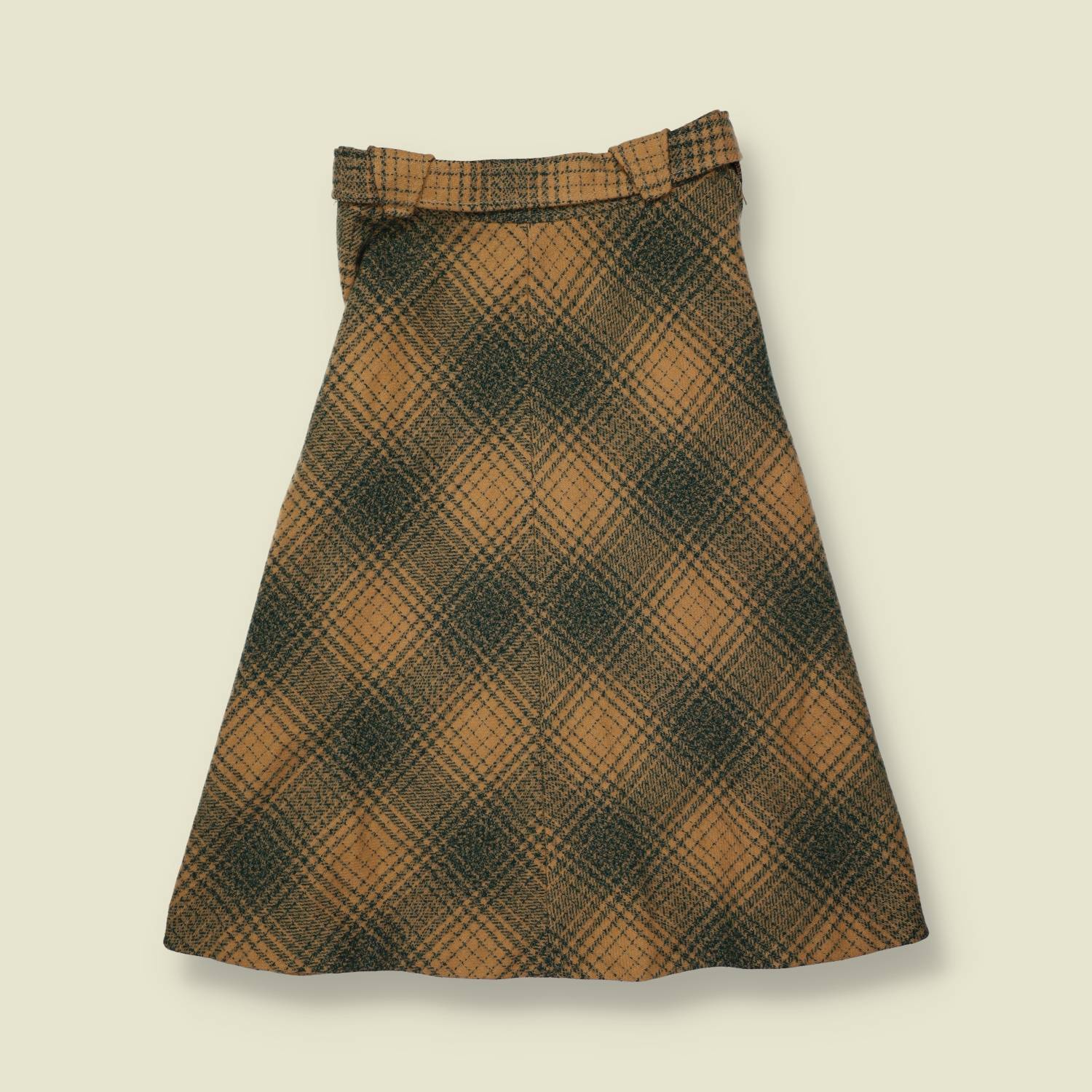 1970s | Camel & Green Plaid Wool Blend Belted A-Line Skirt - w28