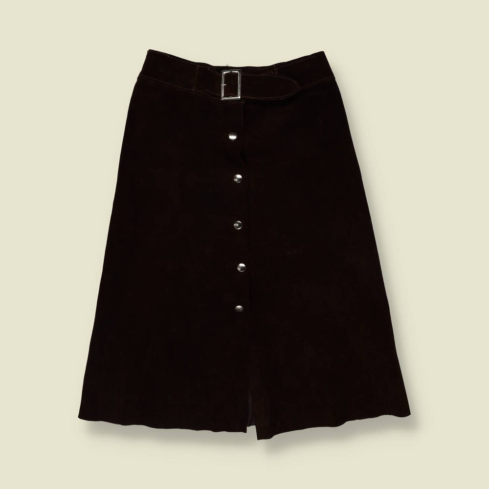 1970s | Brown Suede Leather A-Line Midi Skirt - w28