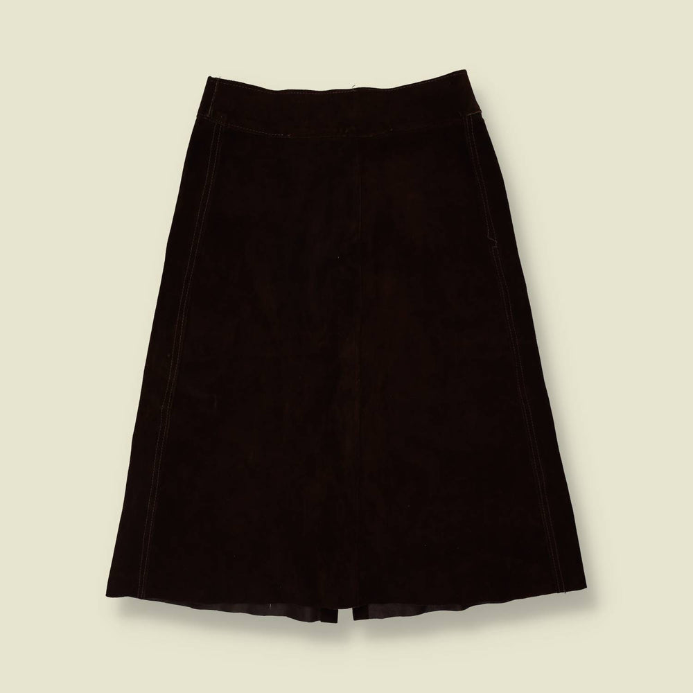1970s | Brown Suede Leather A-Line Midi Skirt - w28