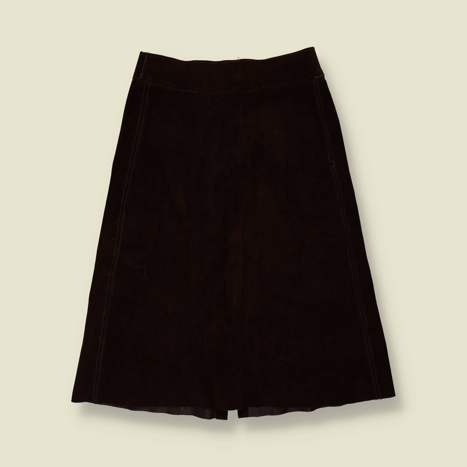 1970s | Brown Suede Leather A-Line Midi Skirt - w28