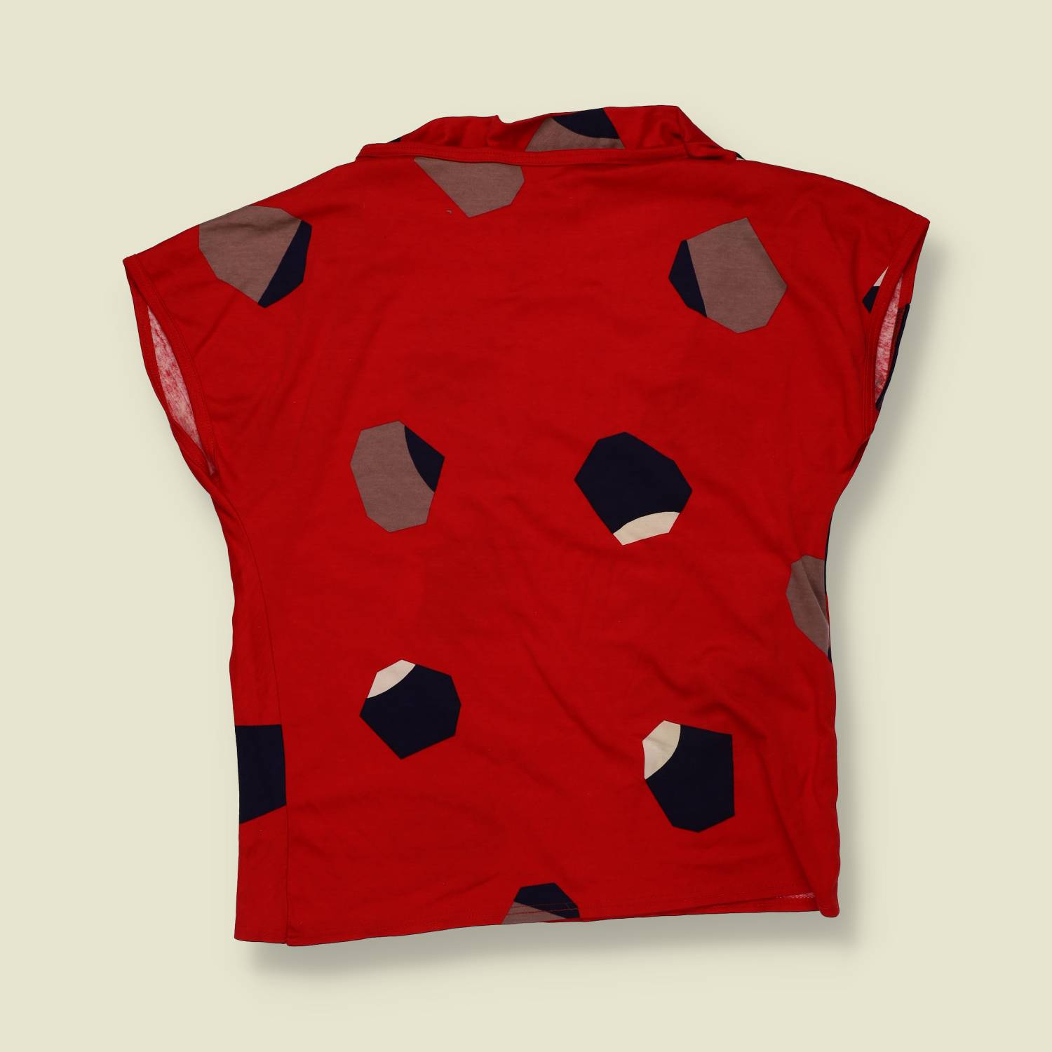 1970s | Red Geometric Print Cotton Blend Two-Piece Top & Skirt Set - 12