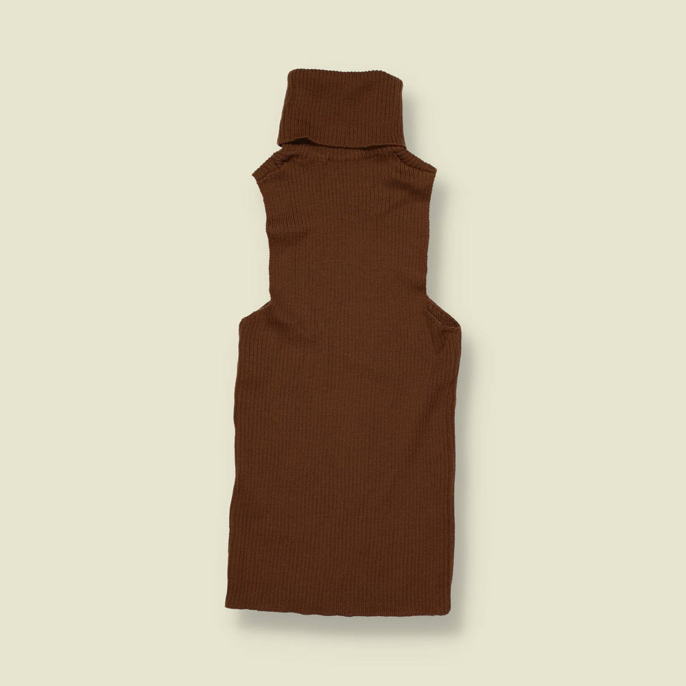 1970s | Brown Ribbed Roll Neck Sleeveless Knit Top - 0