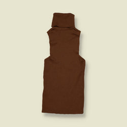 1970s | Brown Ribbed Roll Neck Sleeveless Knit Top - 0
