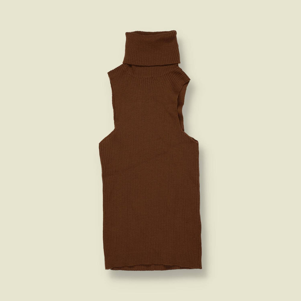 1970s | Brown Ribbed Roll Neck Sleeveless Knit Top - 0