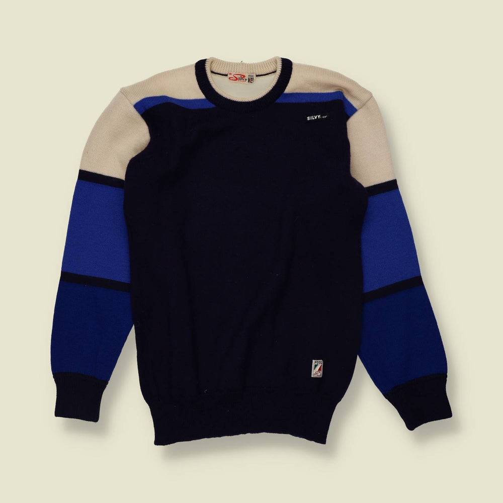 1970s | Silvy | Navy, Blue & Cream Colour Block Wool Sports Sweater - 8