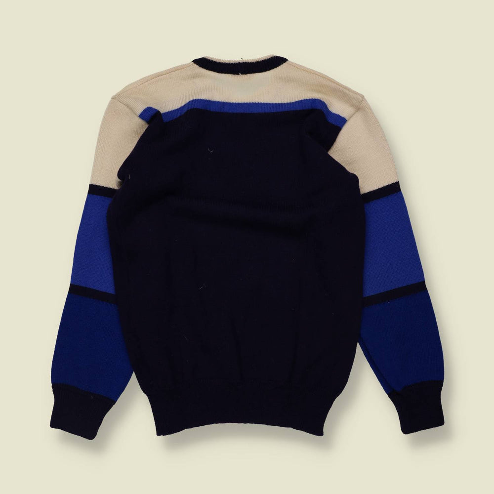 1970s | Silvy | Navy, Blue & Cream Colour Block Wool Sports Sweater - 8