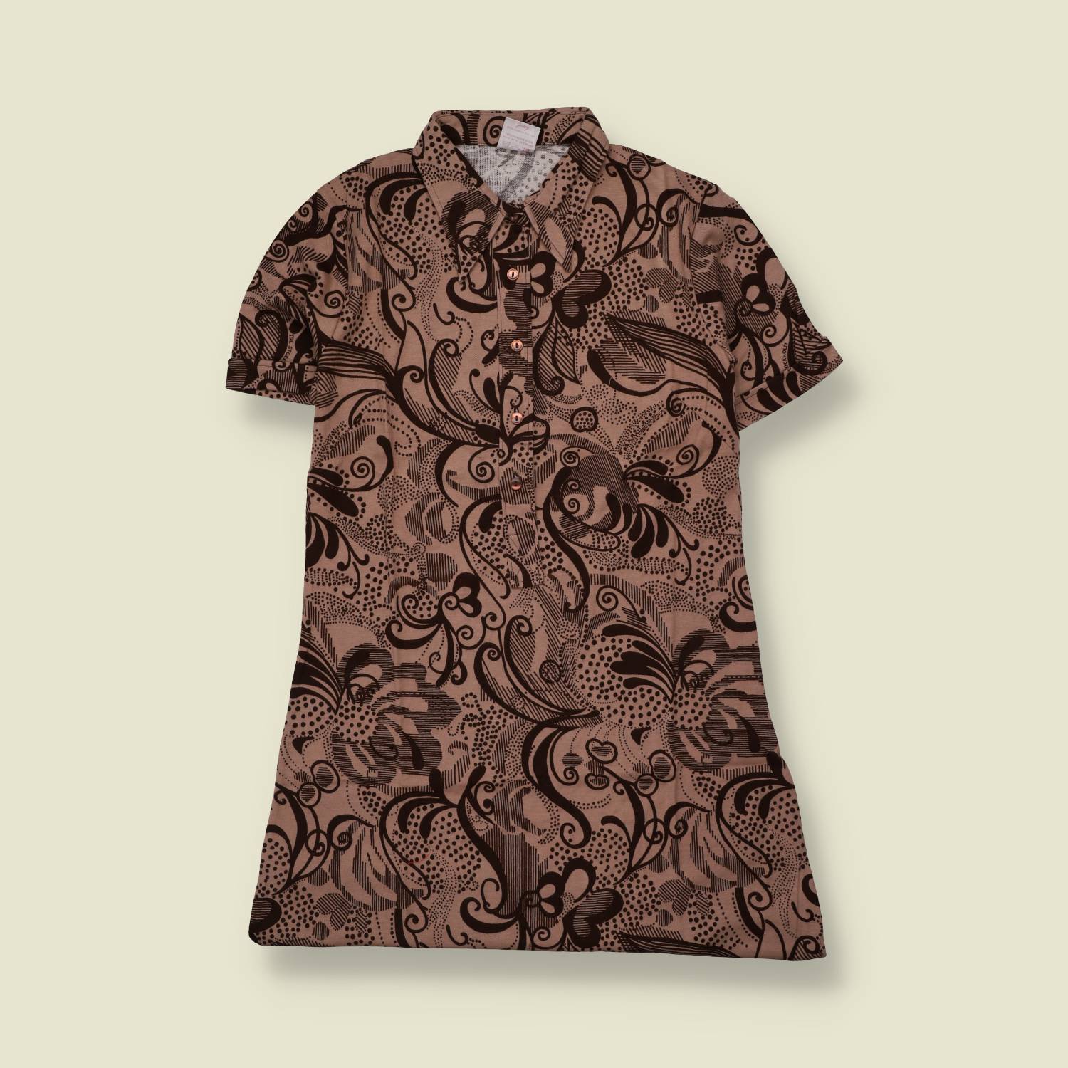 1970s | TGL Sweden | Brown Scrolling Floral Print Cotton Shirt Dress - Deadstock - 12