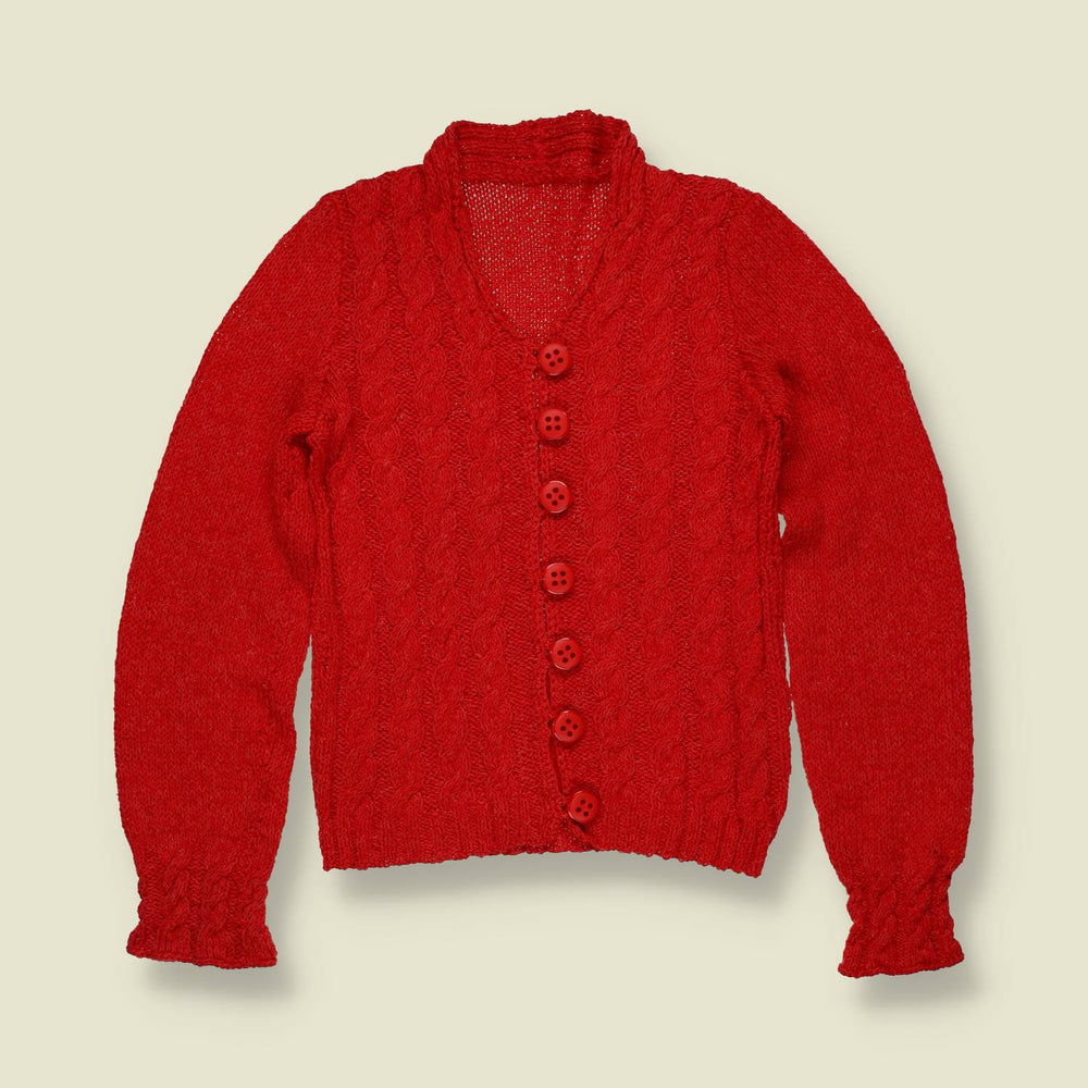 1970s | Red Cable Knit Wool Blend Cardigan - 2