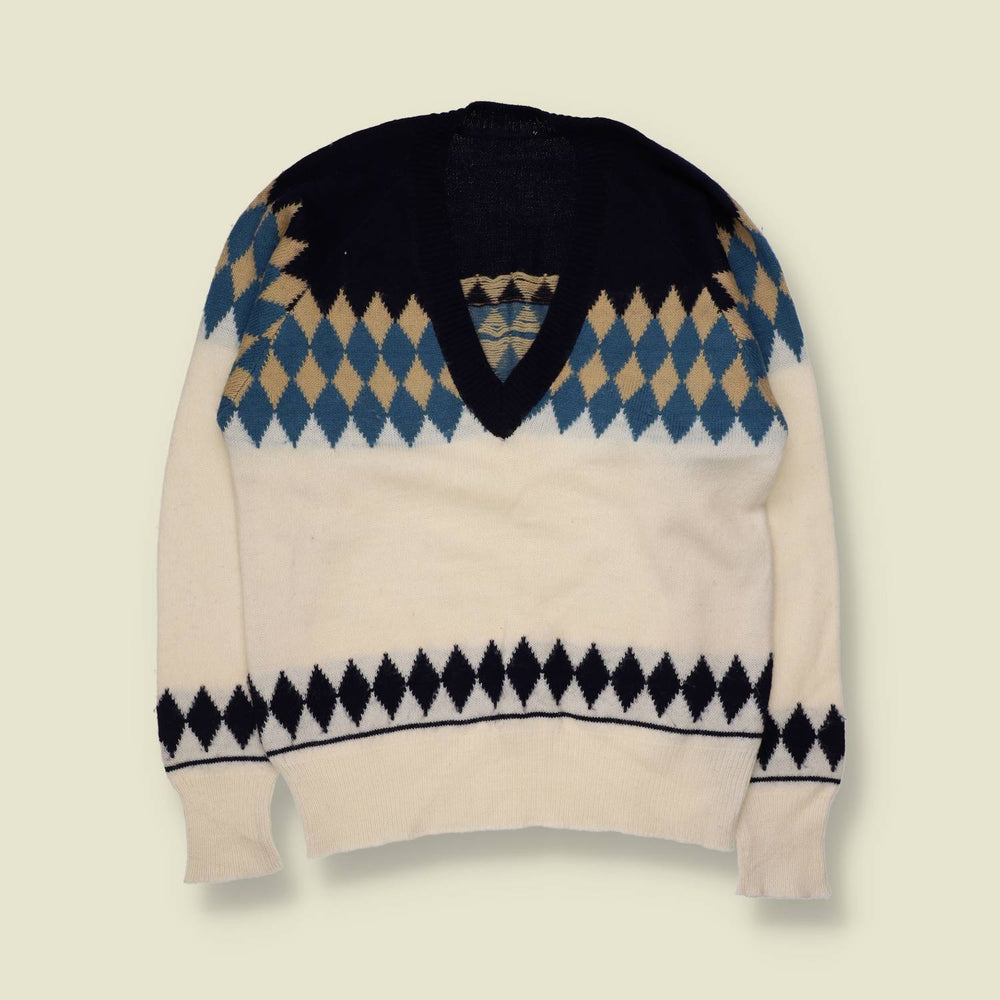 1970s | Cream, Navy & Blue Diamond Pattern Wool Acrylic Blend Jumper - 12