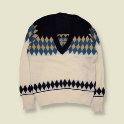1970s | Cream, Navy & Blue Diamond Pattern Wool Acrylic Blend Jumper - 12
