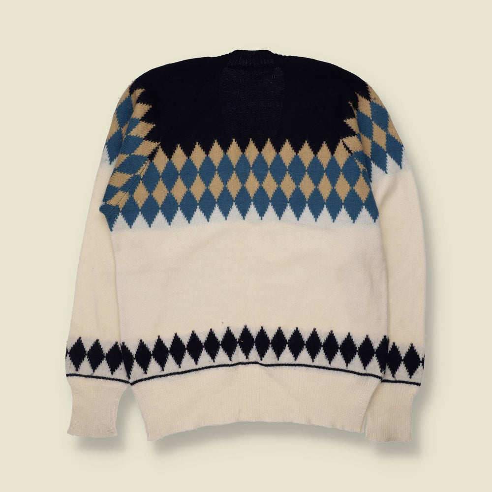 1970s | Cream, Navy & Blue Diamond Pattern Wool Acrylic Blend Jumper - 12