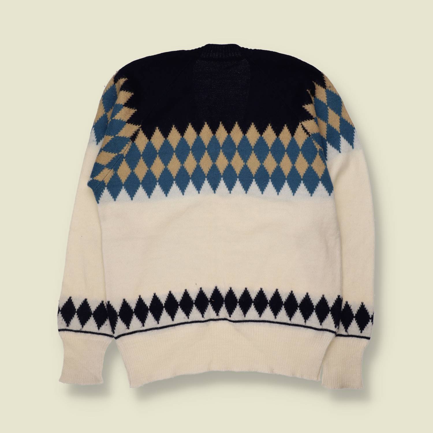 1970s | Cream, Navy & Blue Diamond Pattern Wool Acrylic Blend Jumper - 12