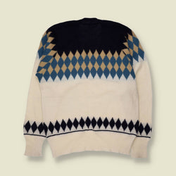 1970s | Cream, Navy & Blue Diamond Pattern Wool Acrylic Blend Jumper - 12