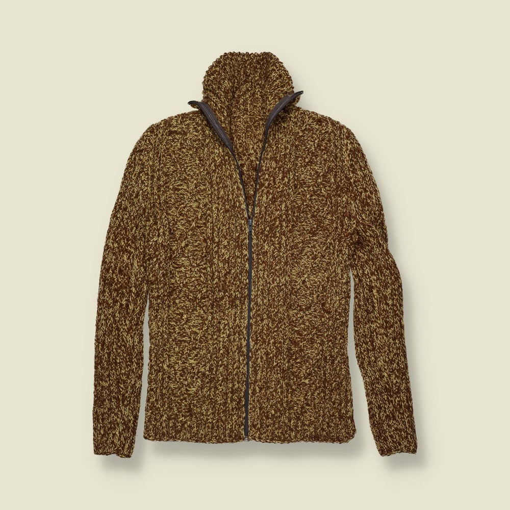 1970s | Brown & Mustard Marl Cable Knit Zip-Through Cardigan - 8