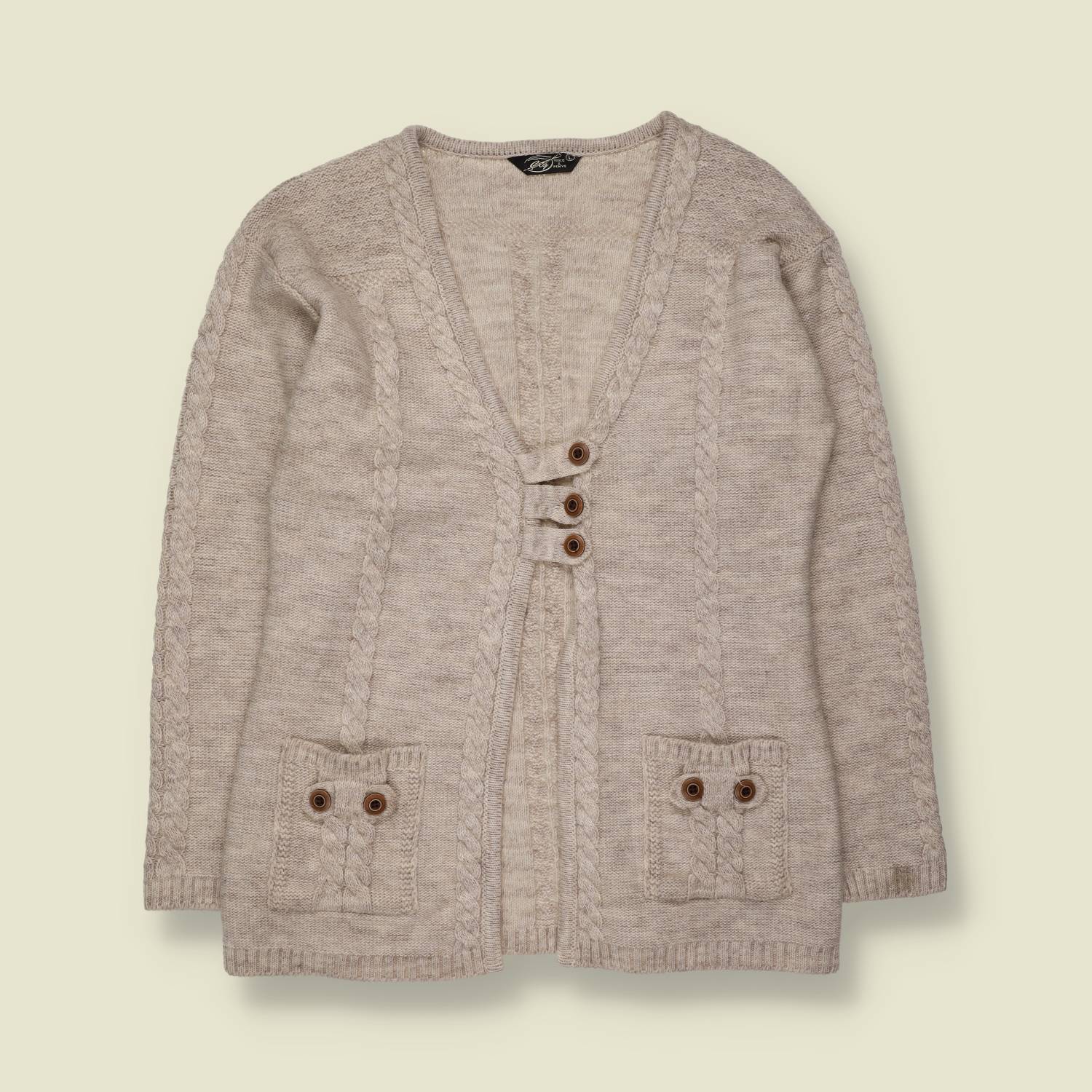 1990s | Oatmeal Cable Knit Poly Wool Cardigan - 12