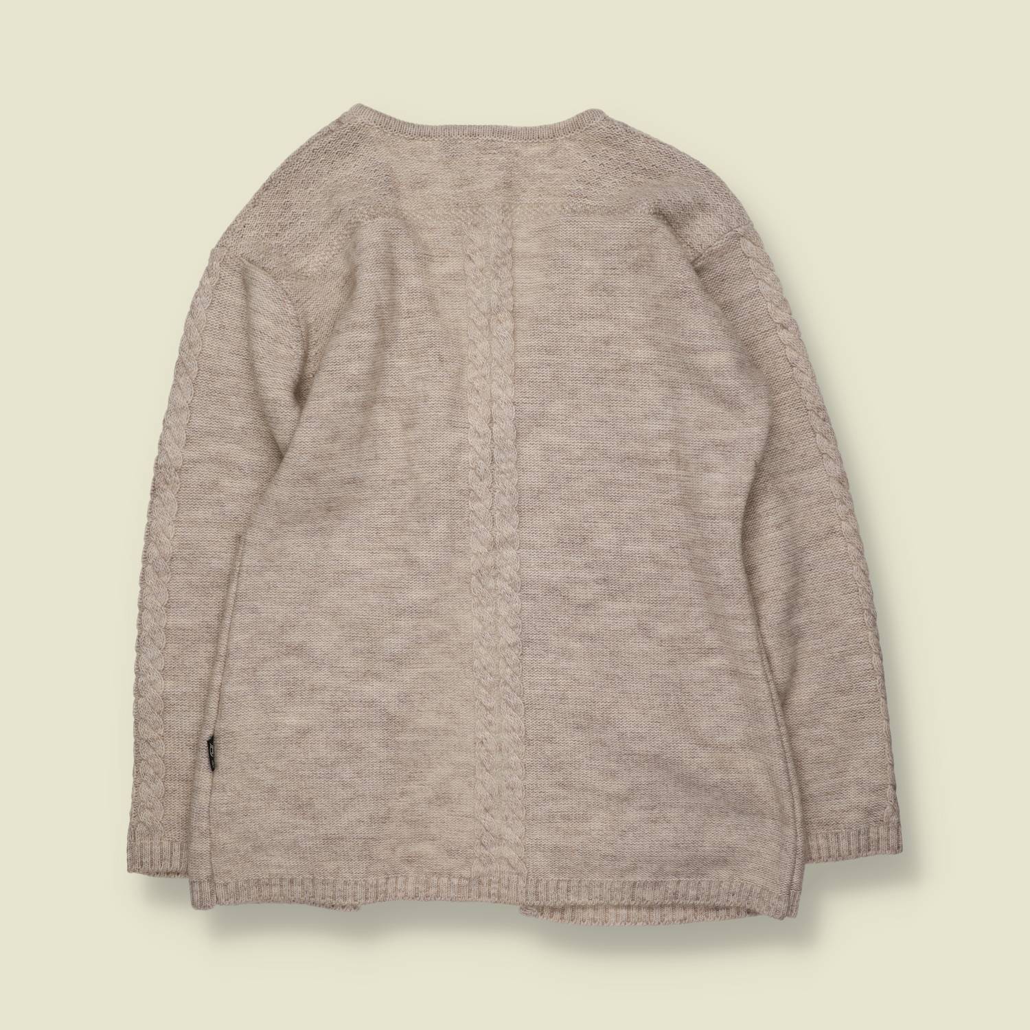 1990s | Oatmeal Cable Knit Poly Wool Cardigan - 12
