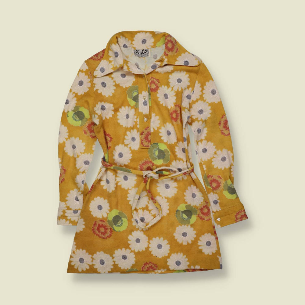1970s | Clico | Mustard Daisy Print Knit Mini Dress - 8