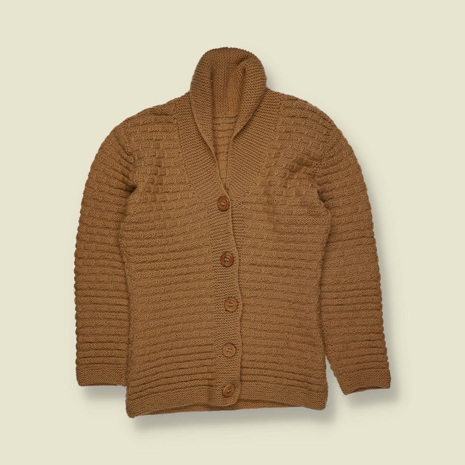 1970s | Camel Basket Weave Knit Wool Blend Cardigan - 12