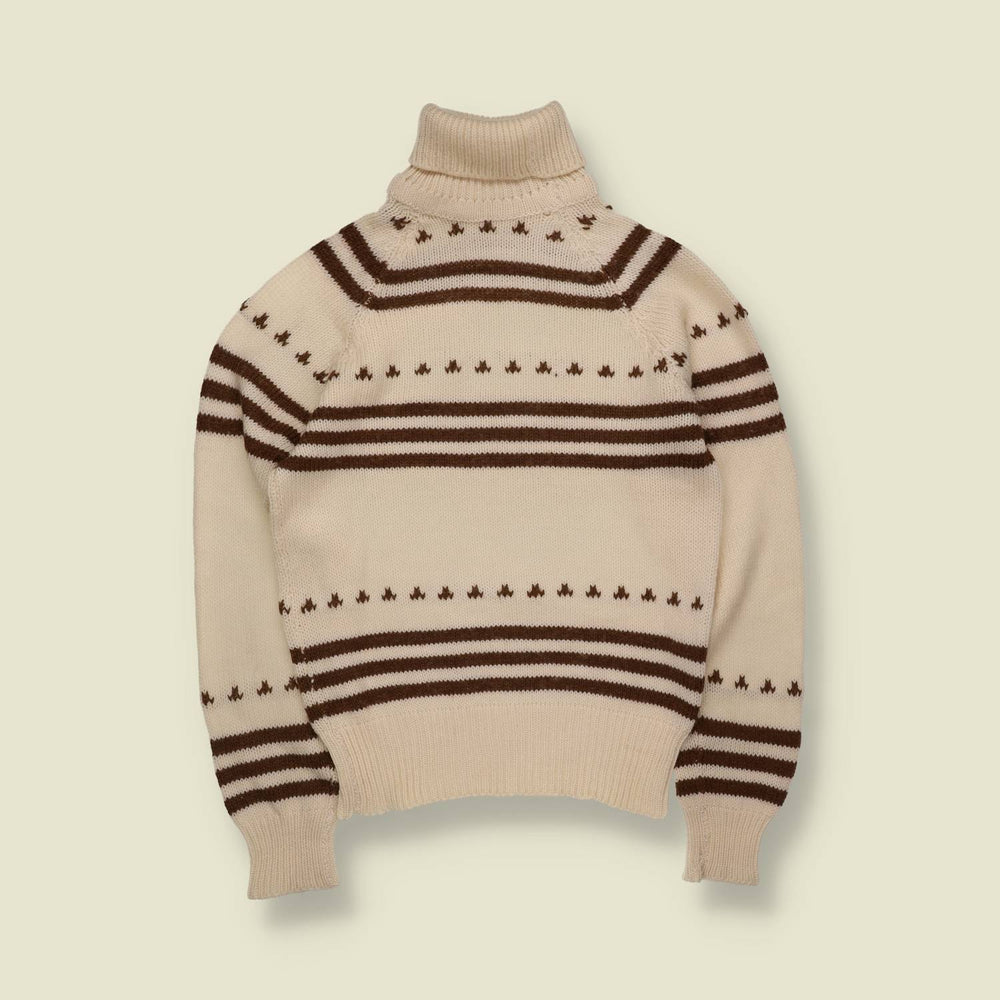 1970s | Cream & Brown Stripe and Motif Roll Neck Jumper - 8
